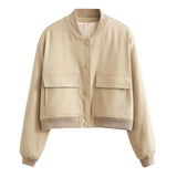 New Women's Fashion French Big Pocket Short Autumn Bomber Jacket