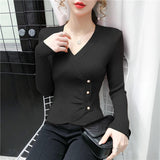 new bottoming sweater shirt women's long-sleeved knitted crossed v-neck buttons sweaters jumpers crop