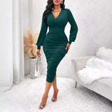 Sexy Casual Dress Solid Color V-Collar Close Waist Long Sleeve Wrap Hip Dress