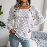 2025 Casual Square Collar Buckle Knitted Knitted Sweater Women's