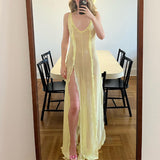 V Neck Backless Sexy Mesh Beach Dress Boho Summer Sleeveless Ruffles Split See Throgh Women Dresses Party Club
