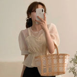 Zingj Chic Autumn And Winter French Gentle Square Collar Color Stitching False Two Texture Feeling Bubble Sleeve Shirt Jacket
