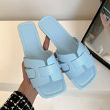 Version Of The Solid-Color Flat-Bottomed Slippers Women Slippers Square Head Breathable One Foot Pedal Home Slippers