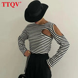 Fashion Black Striped T Shirt Women 2022 Autumn Casual Long Sleeve Hollow Out T-shirt Elegant Slim O-neck Female