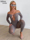 Sexy See Through Hollow Jumpsuits Women Long Sleeve Low Neck Skinny Stretch Cleavage Playsuit Lady Midnight