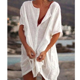 Women Buttons Office Lady Beach T-Shirts Oversized Loose Round Neck Solid Half Sleeve Summer Casual Blouse