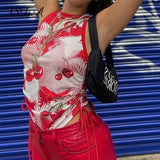 Print O Neck Sleeveless Tank Tops Women Red Bandage 2021 Summer Casual Fashion Vintage Sexy Crop Top