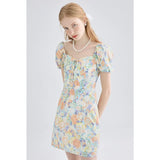 Summer Sweet French Floral Dress Elegant Square Collar Puff Sleeve Mini Vestidos Flower Print Fairy Dresses Ins Hot
