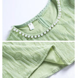Elegant Beading Lace Blouse Puff Short Sleeve Women Korean Shirts O-neck Sweet Pleated New Casual Loose Tops Blusas