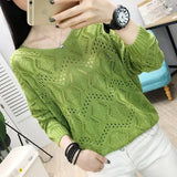 Zingj 2023 New Women's Loose V-Neck Hollowed-Out Thin Top Burst Sweater Knit Bottom Bat Shirt-Outfit