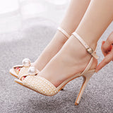 Mouth High Heel Sandals 10 Cm White Pearl High Heel Women Sandals Banquet Wedding Dress Wedding Dress Bridal