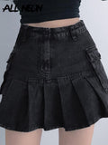 Mall Goth Y2K High Waist Jean Skirts E-girl Aesthetics Black Denim Pleated Skirts with Big Pockets Grunge Punk