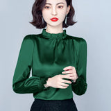 Spring 2025 New Pressure Pleated Wood Ear Shirt Female Satin Foreign Style Small Shirt Gentle Wind Bubble Sleeve