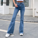 Button Fly Women's Raw Hem Flare Jeans Autumn Fashion Woman Denim Pants Jean Femme High Waist Full Length Slim
