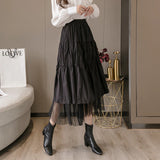 Women Winter Tulle Long Skirt High Waist Ruffles White Pleated Skirts Gothic Black Jupe Femme Skirt Saia Midi Faldas