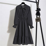 Women Casual Summer Dress Lady Korean Style Vintage Floral Printed Chiffon Shirt Dress Long Sleeve Bow Midi Summer Dress