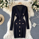 Knitted Pencil Dress Korean Long Sleeve V Neck Elastic Slim Dress Autumn Winter Sexy Bodycon Warm Sweater
