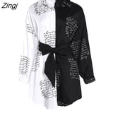 Spring Summer Women Casual Mini Dress Office Lady Letter Print Colorblock Long Lantern Sleeve Bandage Shirt Dress With