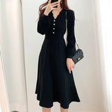 Elegant Women Single-breasted Sweater Dress 2021 Spring Autumn Warm Slim Waist Female Knitted Dress A-line Vestidos