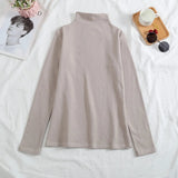 Plus Velvet Long Sleeve Women T Shirt Pullover Bottoming Tops Solid Sweater Slim Autumn Winter Mock Neck Basic