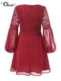 Celmia Summer White Lace Mini Dress Sexy Women Deep V Neck Hollow out Beach Sundress Fashion Puff Sleeve Party
