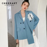 Rose Embroidery Designer Blue Blazer For Women Elegant Stylish Coat And Jacket Autumn 2021 Korean Fashion