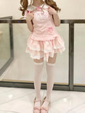 Kawaii Lace Patchwork T-shirt Women Cartoon Printing Y2k Aesthetic Graphic T Shirts Harajuku Sweet Bow Tops Cute