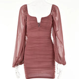V-Neck Puff Sleeve Ruched Dress Women Party Double Layer Long Sleeve Sexy Mini Dresses Elegant Femme Clubwear
