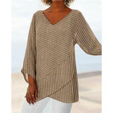 Elegant Striped Cross Criss Blouse Casual Long Sleeve V Neck Linen Baggy Shirt Vintage Linen Tunic Tops