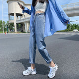 Zingj Jeans Women's Fall Women 2024 New High Waist Slim Versatile Loose Straight Dad Turnip Pants-Outfit