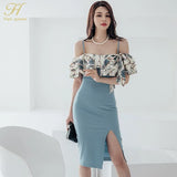 Han Queen Elegant Sexy Suspenders Pencil Dress Women Korean Slim Printed Patchwork Sheath Dresses Party Bodycon Vestido