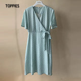 Summer Short Sleeve Shirts Dress Polka Dot Printing Dress Woman v-neck Lace Up Belt vestido