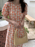 Kitty Summer Gentle Florals Retro Long Dress Slim Women 2022 New Casual Puff Sleeve Sweet Lady Printed Holiday Chic