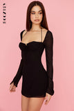 Sexy Bandage Hollow Mesh Mini Dress for Women Night Club Party Bodycon Dress Low Cut Halter Solid Long Sleeve Pink