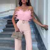 Feather Patchwork Lace-up Office Jumpsuit Summer New Women Solid Romper Overalls Sexy Sleeveless Wrap Wide Leg