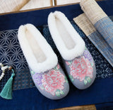 Zingj Single Slippers / Cotton Slippers Linen Peony Embroidered Round Head Flat Cloth Shoes Sandals Embroidered Women's