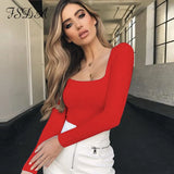 Suqare Neck Casual Long Sleeve T Shirt Women Sexy Top Black White Autumn Spring Summer Red Tee Basic Ladies Shirt
