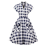 Vintage Women Summer Dress With Pocket Plaid Print England Style Office OL Cotton Party Sundress Oversized Swing
