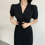 Women Elegant Waist Belt Solid Ankle-Length Dress Office Lady Puff Sleeve Pleated Dress 2021