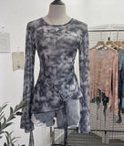Irregular Tie With Lotus Leaf Side Tie Print Mesh Yarn Perspective Sunscreen Shirt T-Shirt T-Shirt Short T-Shirt