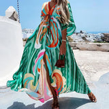 Spring New Holiday Wind V-Neck Printed Printed Long