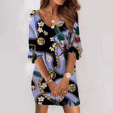 V-neck Women Dress Fashion Print Half Sleeve Casual Loose Mini Dresses 2022 Spring Autumn Elegant Woman Dress Robe