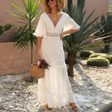 2022 Summer Women Long Chiffon Dress White Lace Sexy Maxi Tunic Beach Dress Holiday