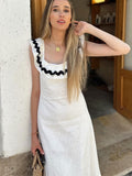 Women Elegant Contrast Spliced Ruffles Hem Long Dress Fashion Square Neck Backless Sleeveless Robes Female Chic Holiday