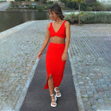Fashion Red Knitted Cardigan Cropped Top Midi Skirt 3 Pieces Optional High Waist Elegant Set Summer Bodycon