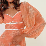 Women Chic Long Lantern Sleeves Detail Ruffles Hem Floral Print Hollow Out A-line Party Mini Chiffon Sexy