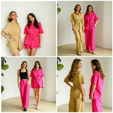 Summer Imitation linen Shorts Pants Sets Woman Leisure Fake Sleeve Belt Shirts High Waist Shorts Wide Leg