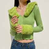 SUCHCUTE 2020 Streetwear Fashion Woman Cardigan Sweaters With Fur Trim Collar Korean Style Casual Female Cropped Sweater