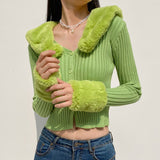 Zingj SUCHCUTE 2023 Streetwear Fashion Woman Cardigan Sweaters With Fur Trim Collar Korean Style Casual Female Cropped Sweater Knitted 1215-1-Outfit