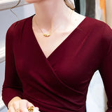 S-3XL Women V Neck Full Sleeve Mesh T Shirts Lady Elegant Elastic Black Base Tops Tees Female